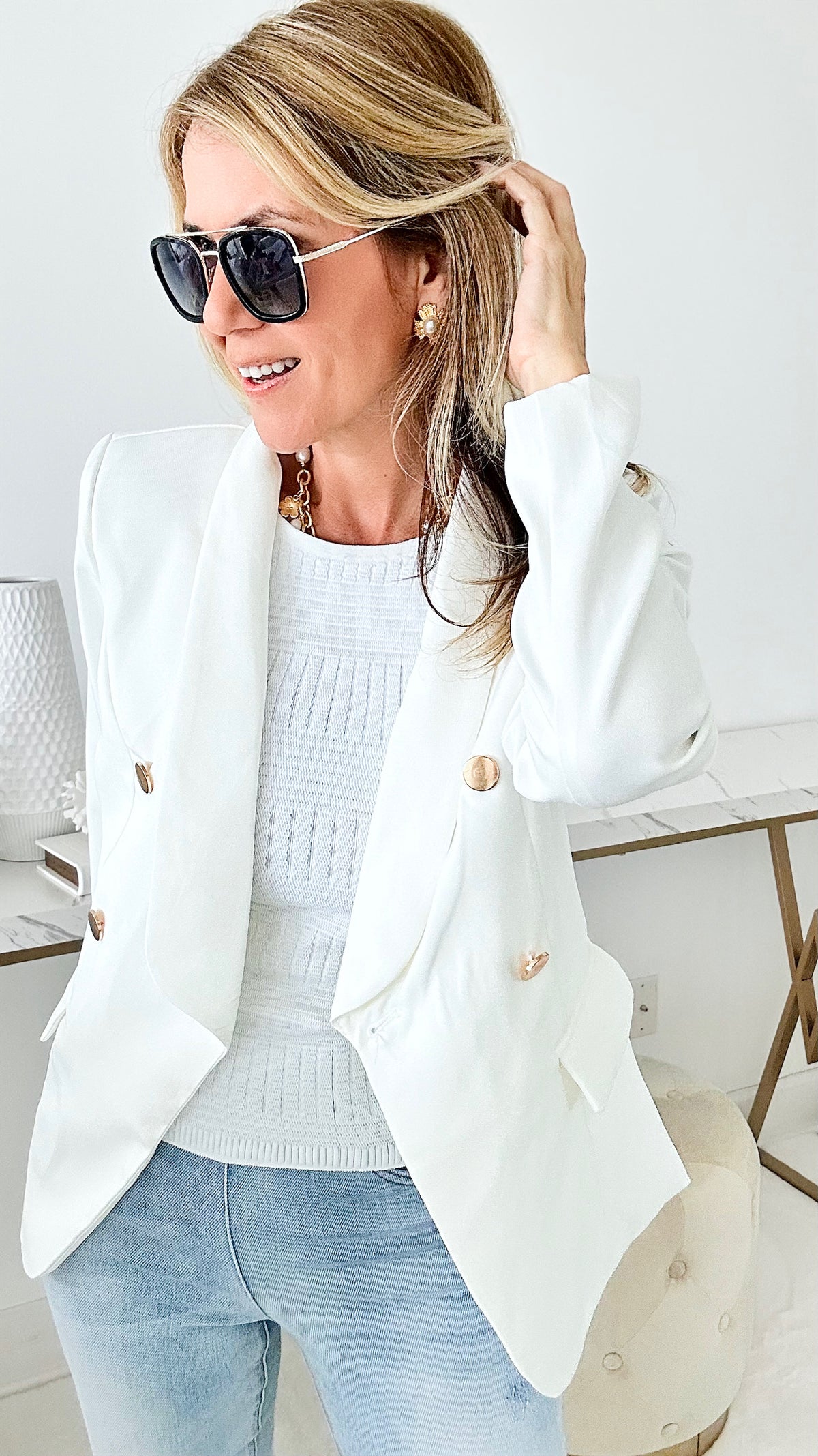 Back To Business Blazer - Off White-160 Jackets-HIGH MJ-Coastal Bloom Boutique, find the trendiest versions of the popular styles and looks Located in Indialantic, FL
