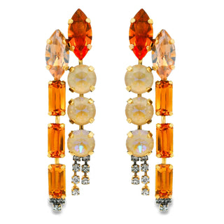 Pair of earrings with orange and yellow gemstones on a white background