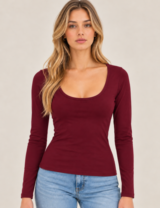 Everyday Scoop Neck Long Sleeve Top - Burgundy