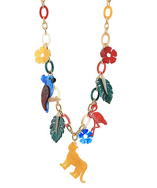 Colorful necklace with parrot, flamingo, and lion charms on a white background