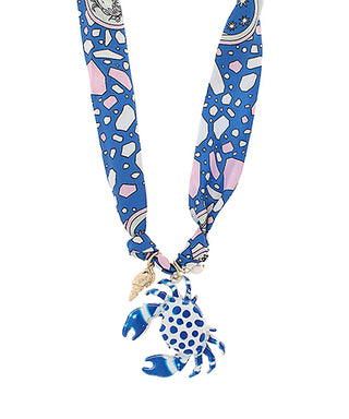 Crab Pendant Scarf Necklace - Blue/White