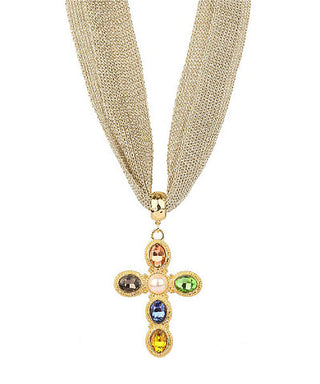 Necklace with a cross pendant featuring multicolored gemstones on a white background