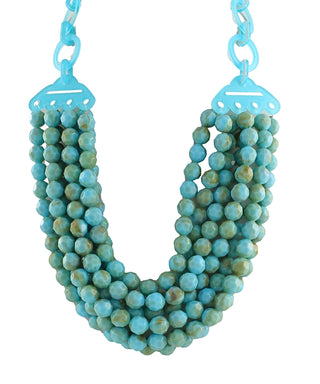 A multi-strand turquoise beaded necklace with a matching turquoise clasp, shown against a plain white background.