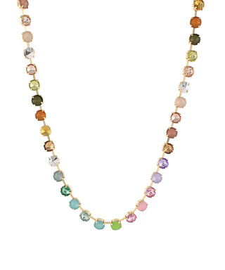 A gold chain necklace featuring a series of small, round, multi-colored gemstones in various hues including green, blue, pink, purple, orange, and yellow, displayed against a solid white background.