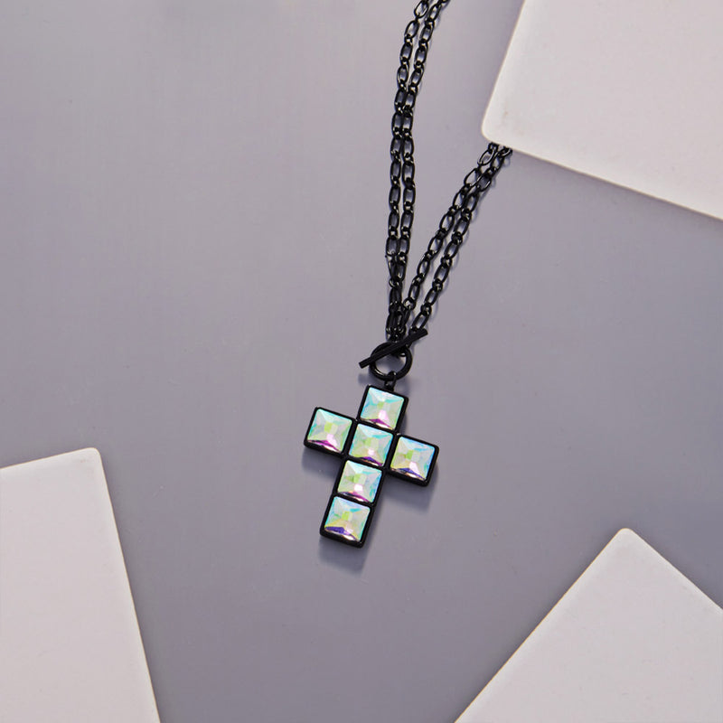 Colorful Cross Pendant Figaro Link Necklace-230 Jewelry-NYW-Coastal Bloom Boutique, find the trendiest versions of the popular styles and looks Located in Indialantic, FL