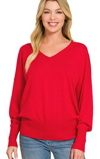 V-Neck Dolman Sleeve Lightweight Knit Top - Ruby