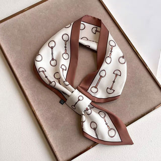 Horsebit Print Satin Scarf - White/Brown