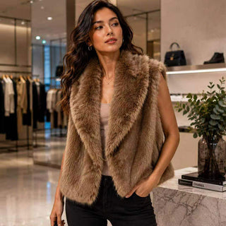 Plush Open Front Vest - Khaki