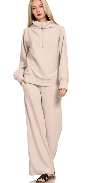 Off-Duty Luxe Ribbed Set - Sand Beige-210 Loungewear/Sets-Zenana-Coastal Bloom Boutique, find the trendiest versions of the popular styles and looks Located in Indialantic, FL
