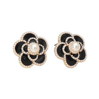 Camellia Pearl Floral Stud Earrings - Black