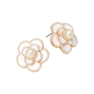 Camellia Pearl Floral Stud Earrings - White