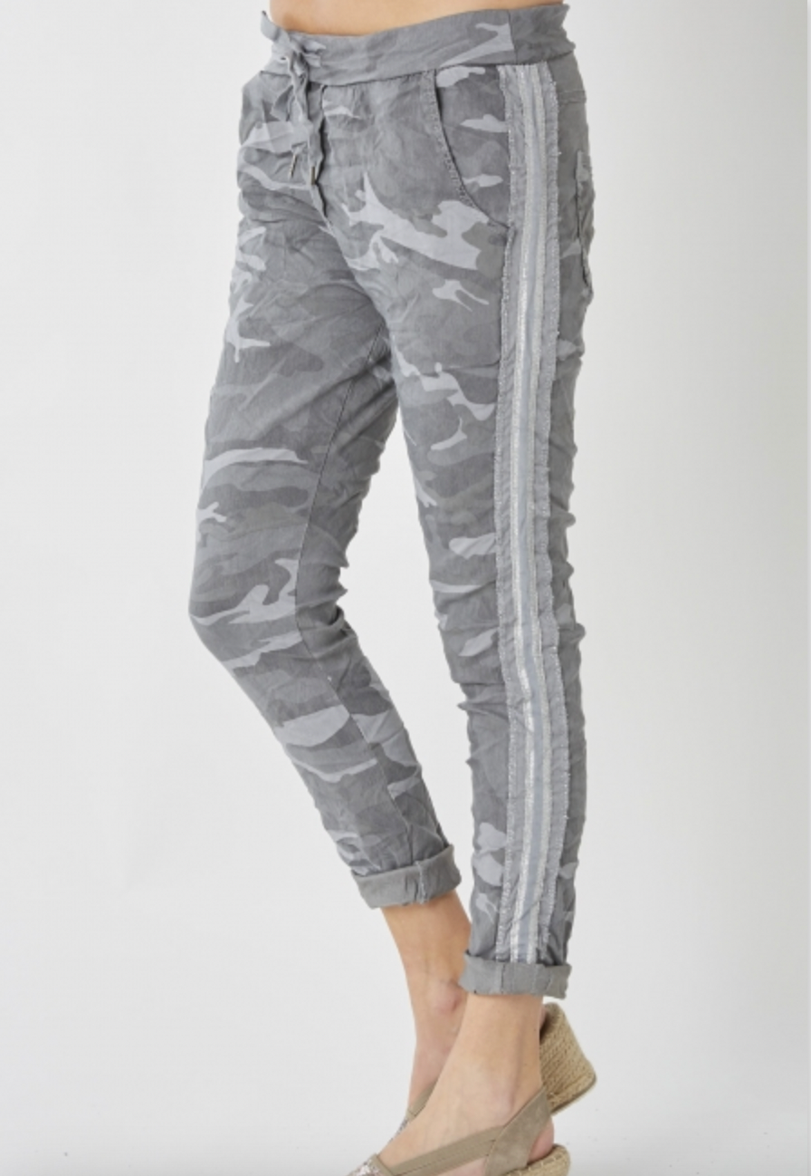 Italian Camo Silver Trim Pants - Grey-170 Bottoms-Look Mode-Coastal Bloom Boutique, find the trendiest versions of the popular styles and looks Located in Indialantic, FL