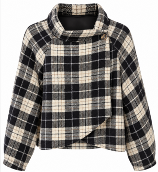 A women's long-sleeve plaid wrap jacket featuring a high mock neck, asymmetrical button closure, and a black and cream plaid pattern, shown against a plain white background.