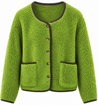 A bright lime green sherpa fleece cardigan with dark brown trim and brown buttons, featuring two front patch pockets, shown against a plain white background.