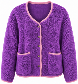 A purple sherpa fleece cardigan with pink trim and button details, shown against a plain white background.
