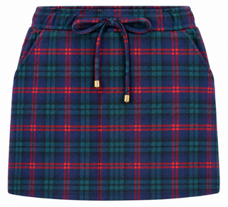 A plaid mini skirt in navy blue, green, and red tartan with a matching drawstring waistband and gold-colored tip accents, shown against a plain white background.