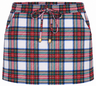 A plaid mini skirt with a white base and red, blue, green, and yellow tartan pattern, featuring a drawstring waist with gold-toned tips.