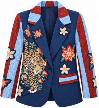 A navy blue blazer jacket featuring a large embroidered leopard on the front panel, red and light blue striped shoulder and sleeve panels, and colorful floral embroidery, shown on a plain white background.