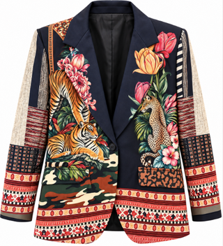A blazer with an intricate multicolor print featuring a tiger, leopard, pink tulips, and geometric tribal patterns on a dark navy base.