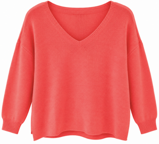 A coral pink knit sweater with a V-neck and dropped shoulders, shown against a plain white background.