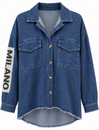 A blue denim button-up shirt jacket with a collar, two chest flap pockets, and a frayed hem. It features a white sleeve patch with the word 'MILANO' printed vertically in black.