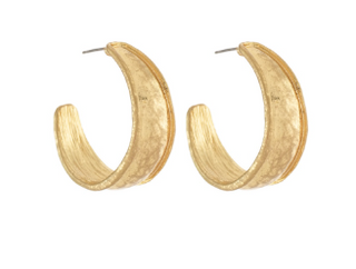 A pair of textured gold crescent-shaped hoop earrings on a plain white background.