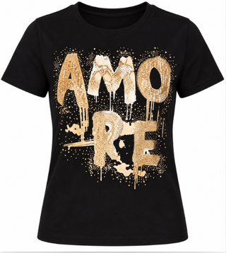 Amore Rhinestone and Sequin Graphic T-Shirt - Black
