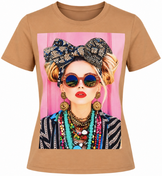 Fashion Portrait Print Top - Khaki