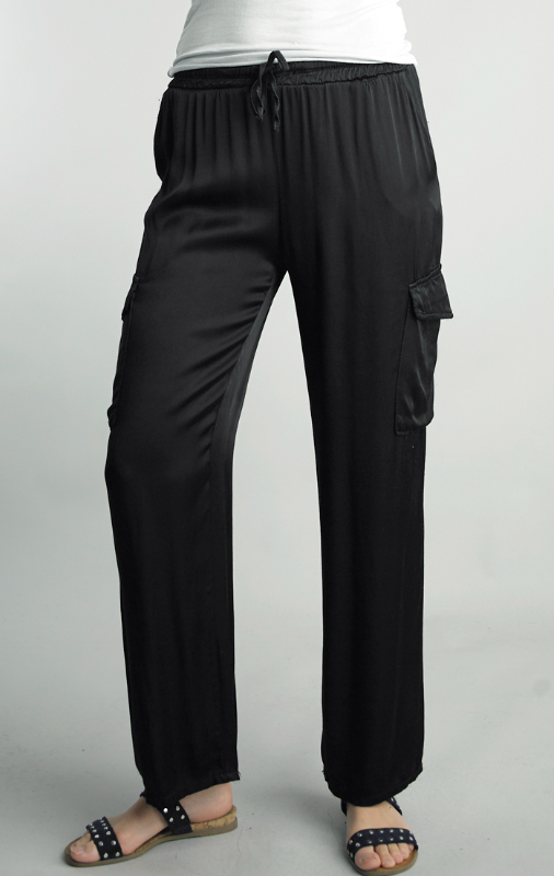 Black Satin Cargo Pants-170 Bottoms-Tempo-Coastal Bloom Boutique, find the trendiest versions of the popular styles and looks Located in Indialantic, FL