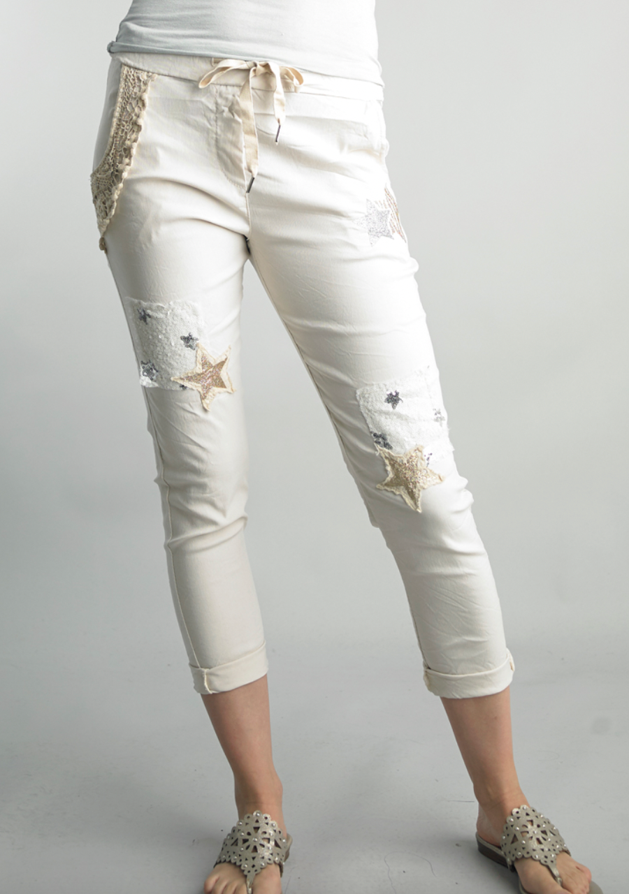 Beige Stars + Lace Italian Joggers-170 Bottoms-Tempo-Coastal Bloom Boutique, find the trendiest versions of the popular styles and looks Located in Indialantic, FL