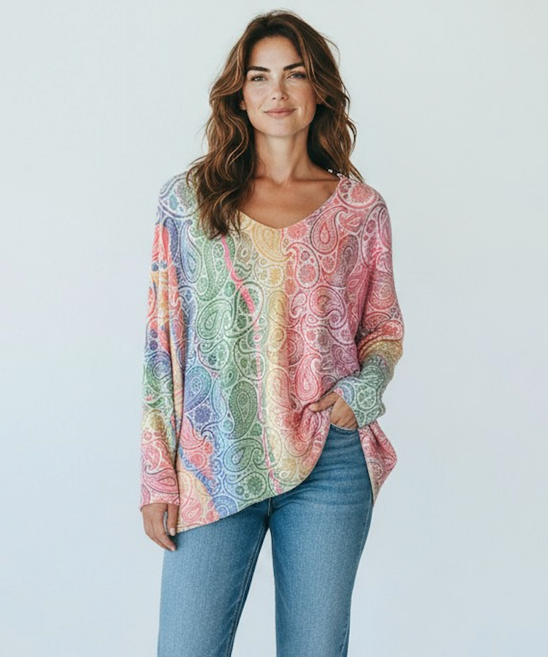 Festival Paisley Italian V-Neck Sweater-140 Sweaters-SORPRESA-Coastal Bloom Boutique, find the trendiest versions of the popular styles and looks Located in Indialantic, FL