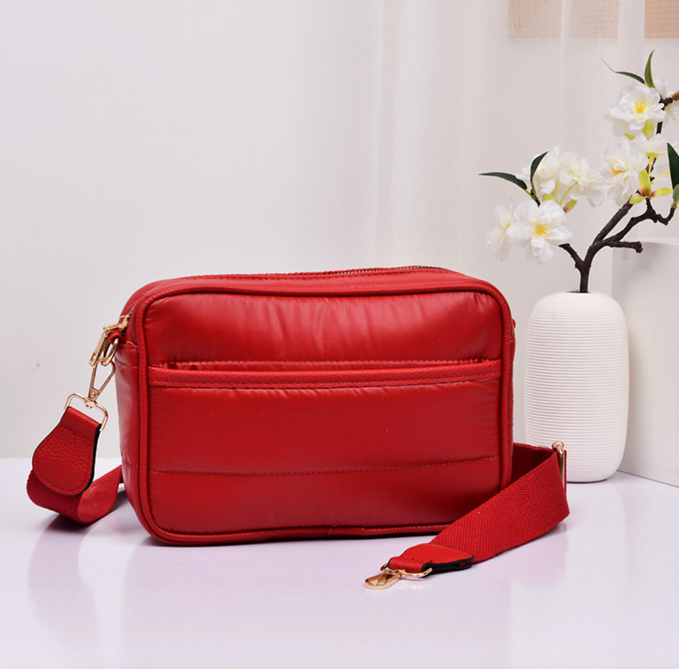 Shiny Puffer Crossbody Bag - Red
