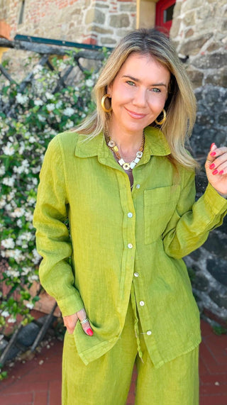 Tuscany Linen Italian Button Top - Pistachio