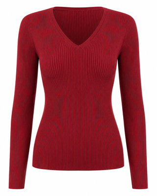 Fitted V-Neck Knit Top - Cabernet