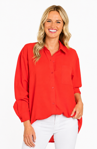 Relaxed Button Front Top -  Orange Red