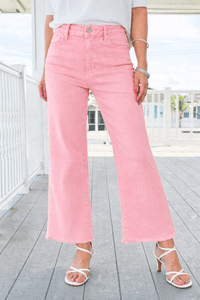 Acid Washed Frayed Cutoff Hem Straight Wide Pants - Pink