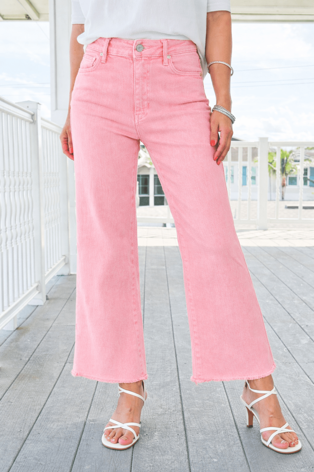 Acid Washed Frayed Cutoff Hem Straight Wide Pants - Pink