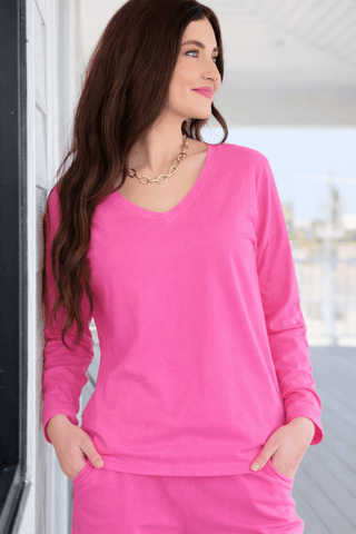 Alys Cotton Italian Long Sleeve Top- Fuchsia