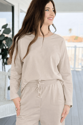 Alys Italian French Terry Boatneck Top- Ecru