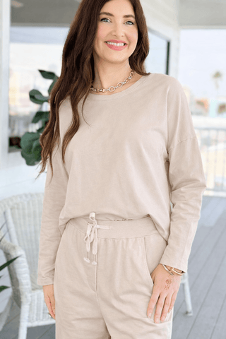 Alys Italian French Terry Boatneck Top- Ecru