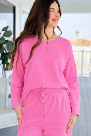 Alys Italian French Terry Boatneck Top- Fuchsia