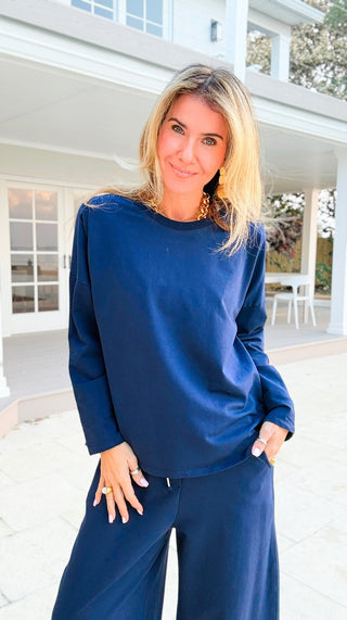 Alys Italian French Terry Boatneck Top- Navy