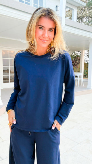 Alys Italian French Terry Boatneck Top- Navy
