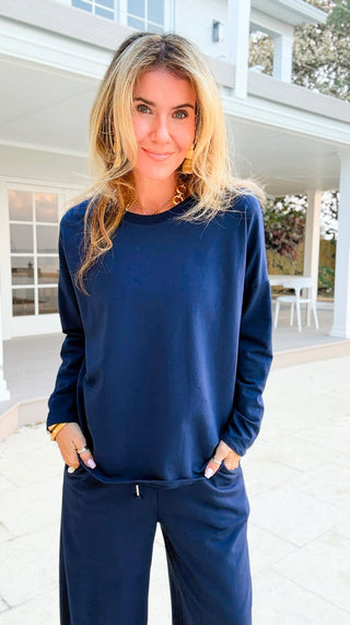 Alys Italian French Terry Boatneck Top- Navy