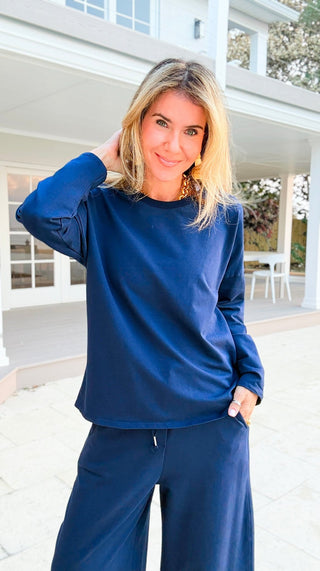 Alys Italian French Terry Boatneck Top- Navy