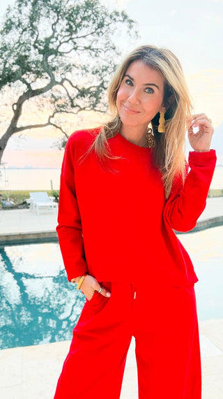 Alys Italian French Terry Boatneck Top- Red
