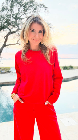 Alys Italian French Terry Boatneck Top- Red