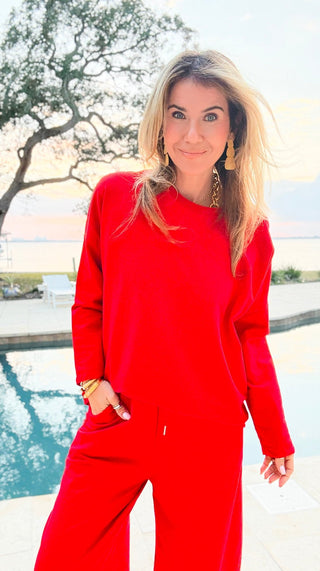 Alys Italian French Terry Boatneck Top- Red