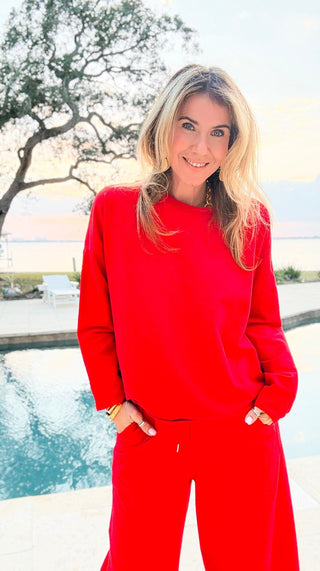 Alys Italian French Terry Boatneck Top- Red