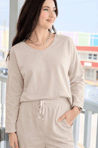 Alys Italian French Terry V-Neck Top- Ecru